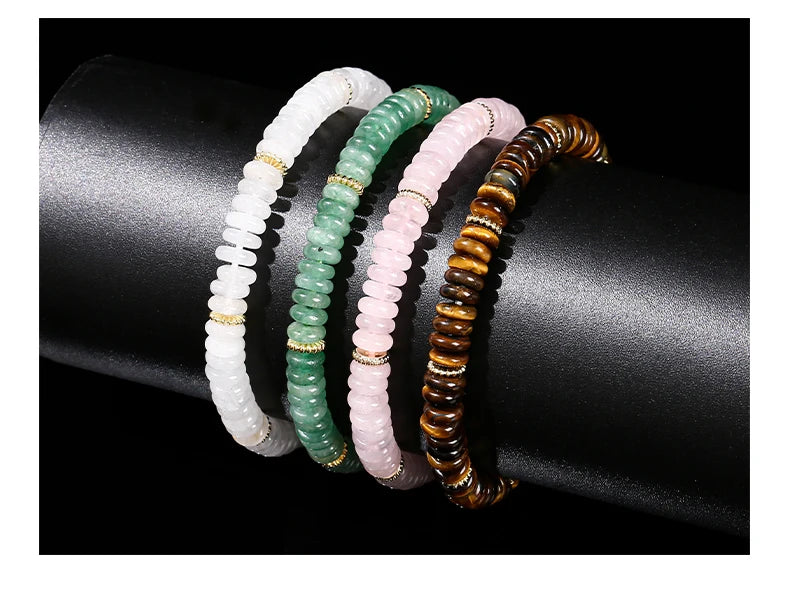 JD Natural Stone Green Aventurine Pink Quartz Flat Spacer Beads Bracelet Women Men Bohe Elastic Bangles Healing Friendship Gift