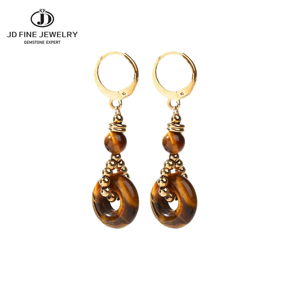 JD New Fashion Earrings Natural Tiger Eye Stone Hoop Earring for Women Charm Lucky Energy Stone Handmade Stainless Steel Jewelry