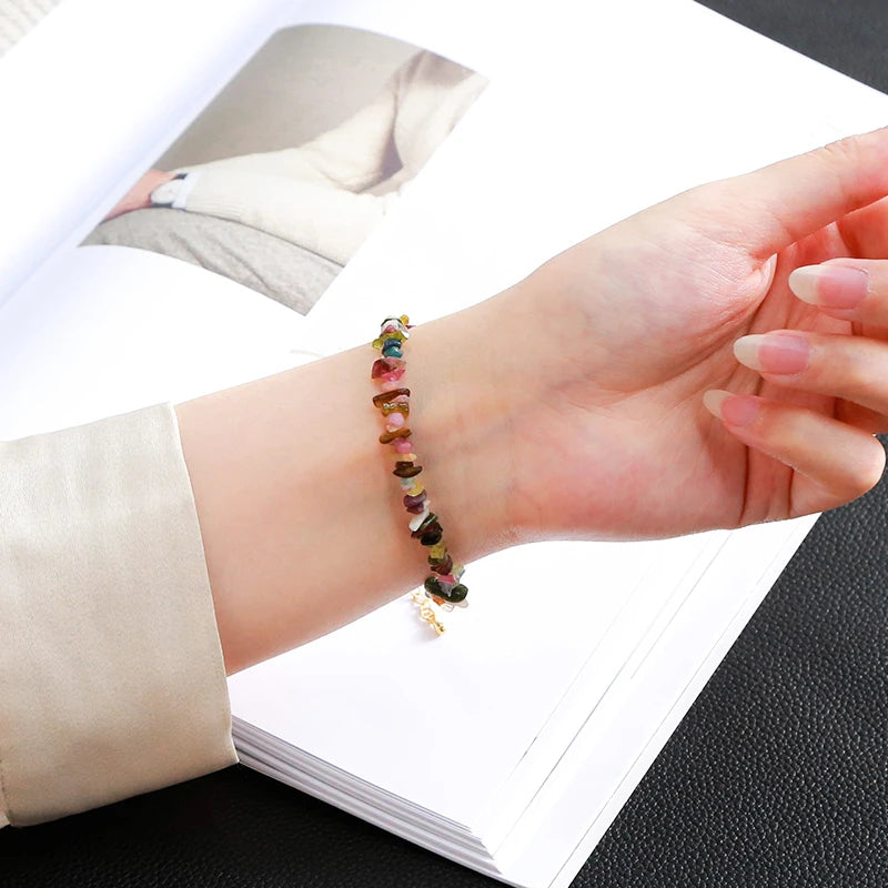 JD Natural Stone Mixed Tourmaline Gravel Lucky Chain Bracelet Women Fashion Jewelry Adjustable Chip Bracelet Yoga Chakra Gifts