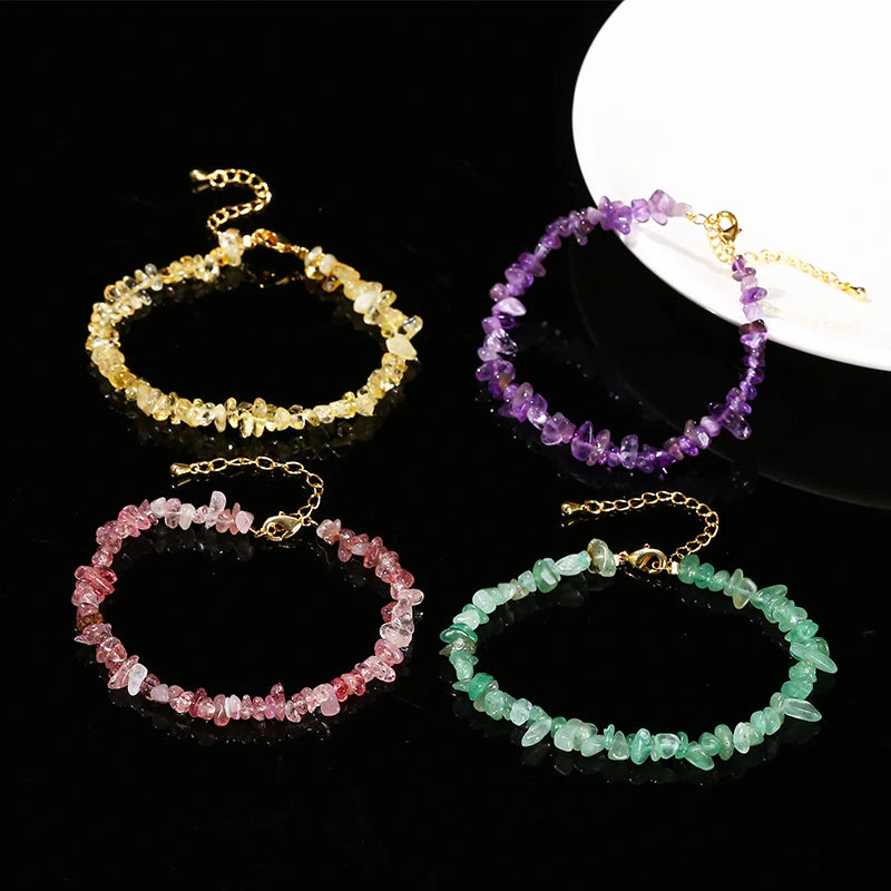 JD Natural Stone Tourmaline Amethyst Rock Quartz Crystal Stone Chip Bead Bracelet Women Healing Chakra Adjustable Chain Jewelry