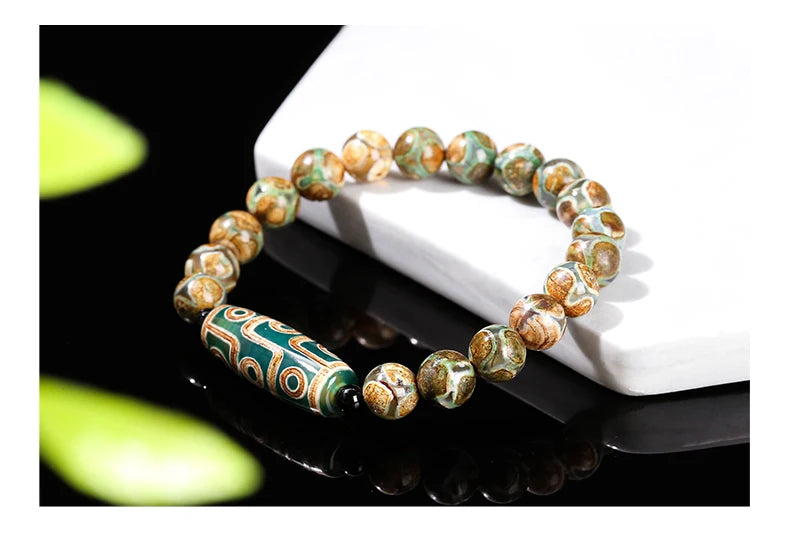 JD Natural Green Nine Eyes Tibetan Dzi Agate Barrel Beads Bracelet Women Men Retro Healing Buddha Prayer Charm Yoga Jewelry Gift