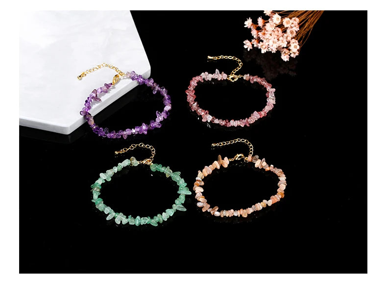 JD Natural Stone Tourmaline Amethyst Rock Quartz Crystal Stone Chip Bead Bracelet Women Healing Chakra Adjustable Chain Jewelry