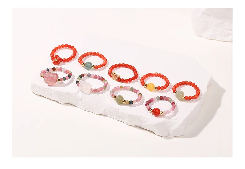 JD Natural Crystal Rings for Women Fashion Simple Sweet Small Beads Tourmaline Amethyst Turquoise Adjustable Reiki Healing Rings