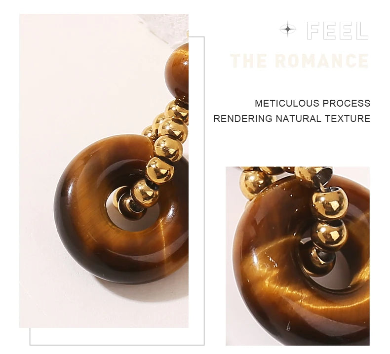 JD New Fashion Earrings Natural Tiger Eye Stone Hoop Earring for Women Charm Lucky Energy Stone Handmade Stainless Steel Jewelry