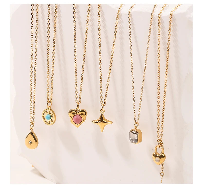 JD Stainless Steel Turquoise Zircon Geometic Patter Pendant Necklaces For Women Bohemian Delicate Wedding Jewelry Collar Mujer