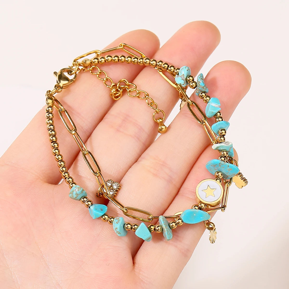 JD Natural Blue Turquoise Gravel Stone Double Layer Zircon Bracelets Women Bohemian Stainless Steel Reiki Healing Friend Gift