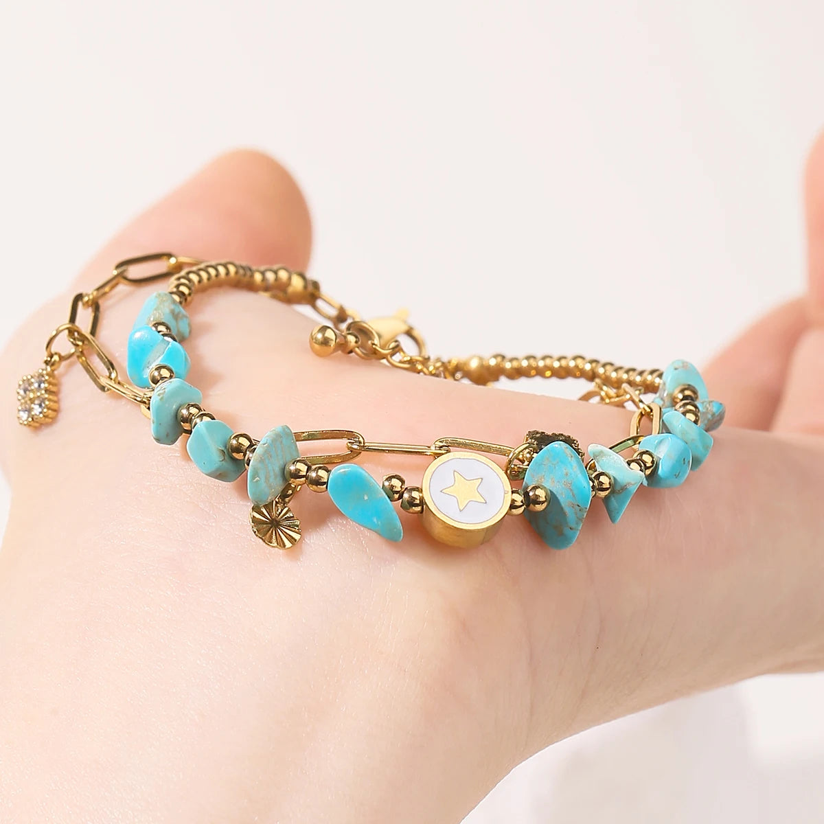JD Natural Blue Turquoise Gravel Stone Double Layer Zircon Bracelets Women Bohemian Stainless Steel Reiki Healing Friend Gift