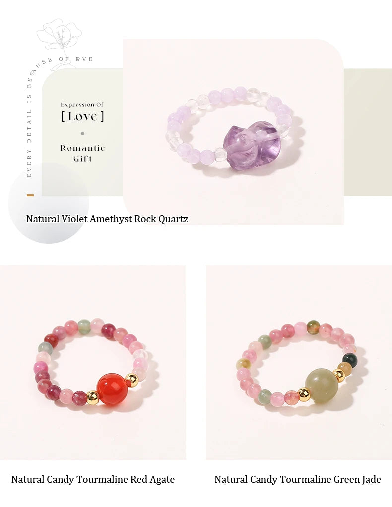 JD Natural Crystal Rings for Women Fashion Simple Sweet Small Beads Tourmaline Amethyst Turquoise Adjustable Reiki Healing Rings