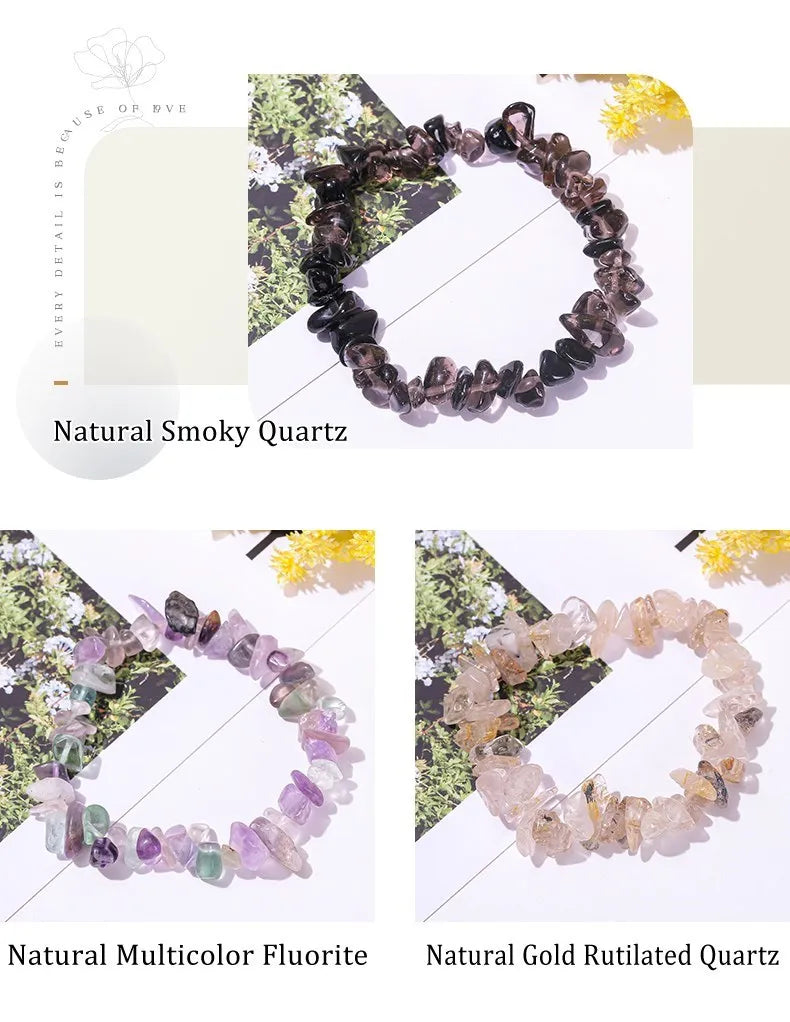 JD Natural Crystal Stone Seven Chakra Irregular Energy Bracelet Women Men Healing Amethyst Fluorite Chip Strand Bracelet Gift