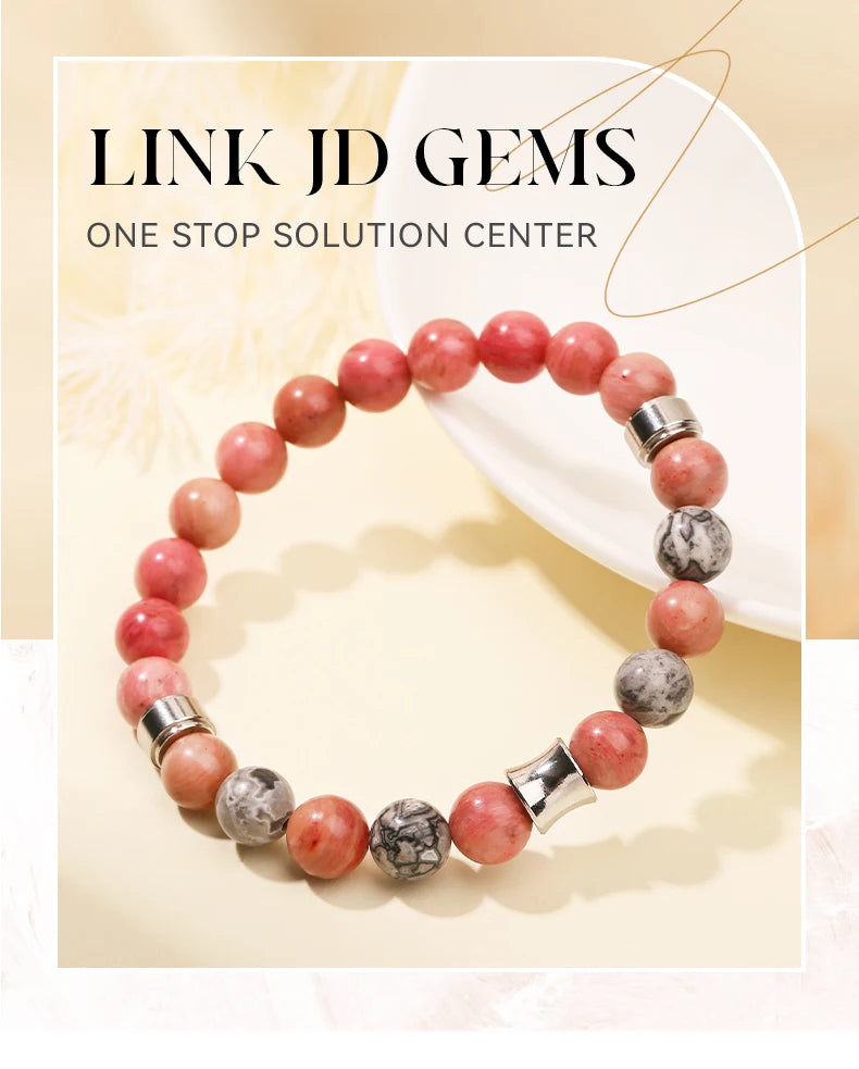JD Natural Rhodonite Map Stone Mixed Stainless Steel Bracelets Women Men Simple Vintage Handmade Stretch Bangles Yoga Jewelry