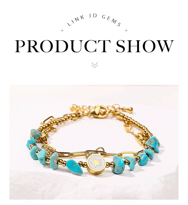 JD Natural Blue Turquoise Gravel Stone Double Layer Zircon Bracelets Women Bohemian Stainless Steel Reiki Healing Friend Gift