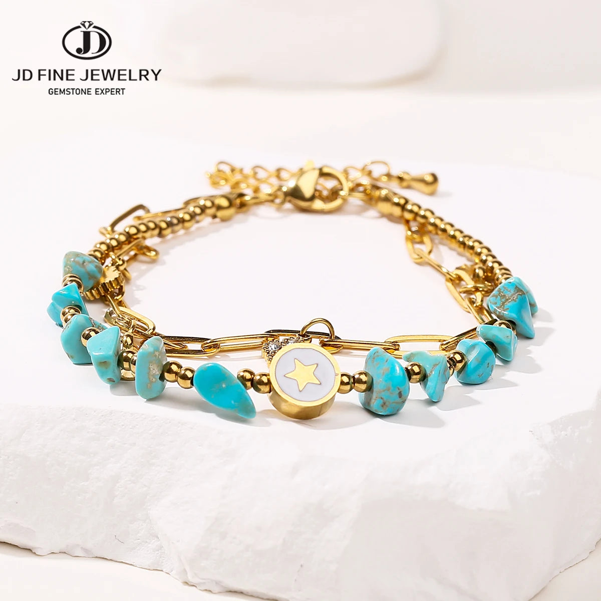 JD Natural Blue Turquoise Gravel Stone Double Layer Zircon Bracelets Women Bohemian Stainless Steel Reiki Healing Friend Gift