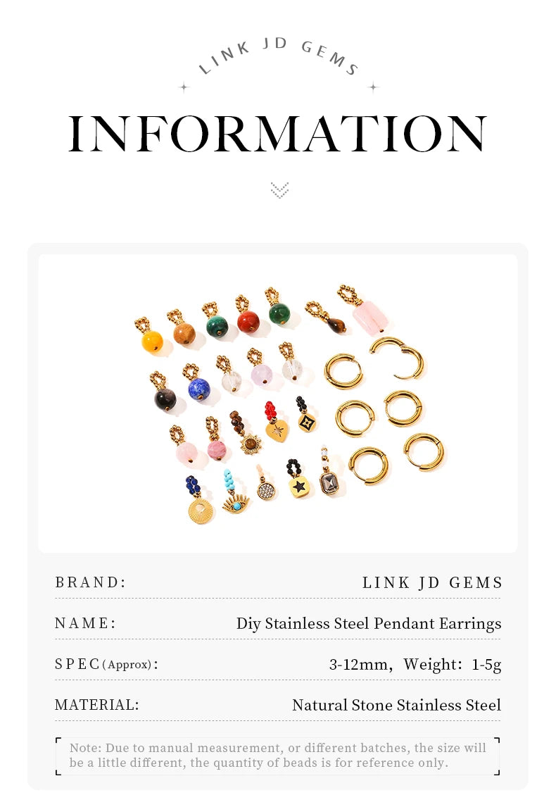 JD Natural Stone Dangle Earrings Varied DIY Design for Women Stainless Steel Hoop Earrings Crystal Pendant Jewelry Accessory