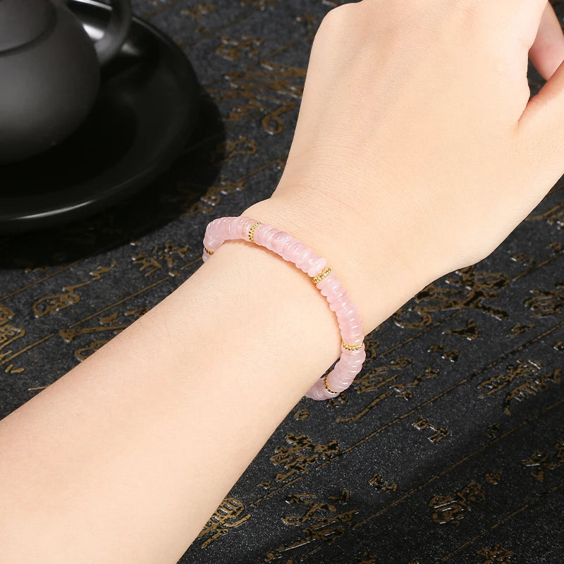 JD Natural Stone Green Aventurine Pink Quartz Flat Spacer Beads Bracelet Women Men Bohe Elastic Bangles Healing Friendship Gift