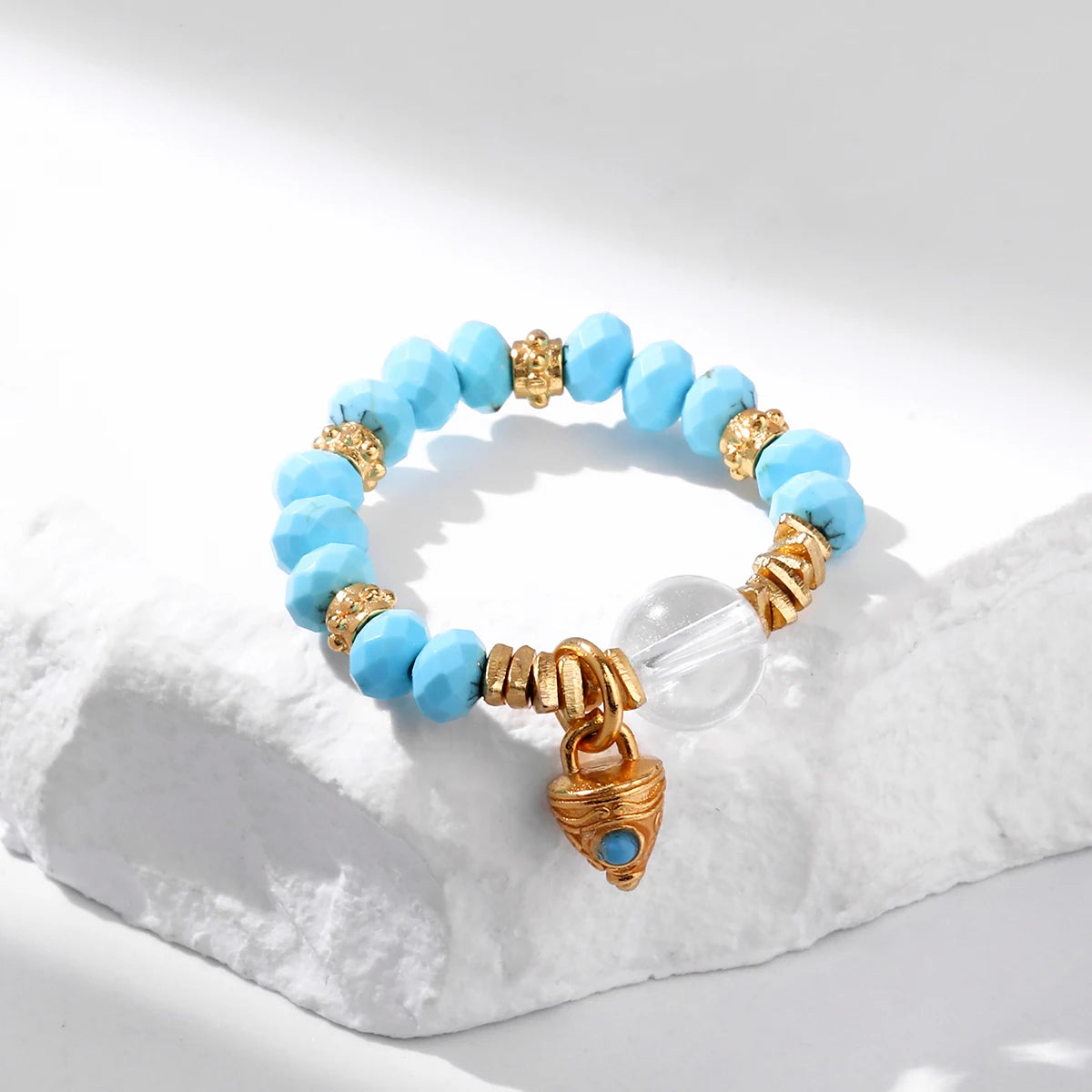 JD Natural Faceted Blue Turquoise Strand Rings Women Vintage Handmade Adjustable Reiki Yoga Energy Rings Party Couple Gifts
