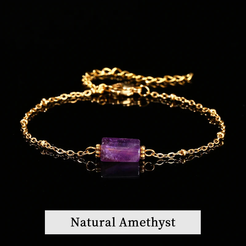 JD Natural Stone Pink Quartz Amethyst Faceted Tube Bead Stainless Steel Bracelet Women Exquisite Nugget Gems Adjustable Jewelry