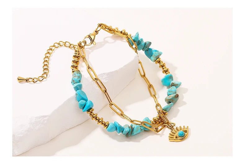 JD Natural Blue Turquoises Stone Devil's Eye Pendant Chain Double Layer Bracelet Women Bohemian Handmade Stainless Steel Jewelry