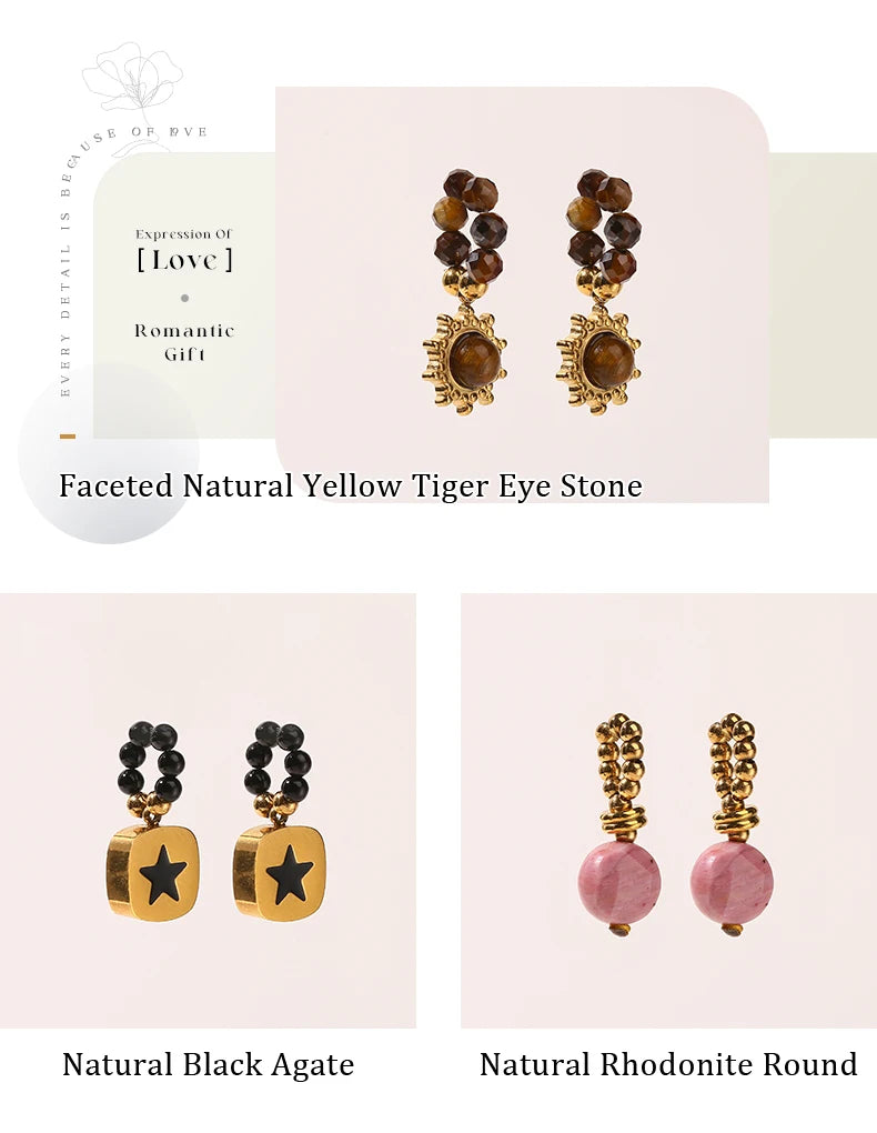 JD Natural Stone Dangle Earrings Varied DIY Design for Women Stainless Steel Hoop Earrings Crystal Pendant Jewelry Accessory