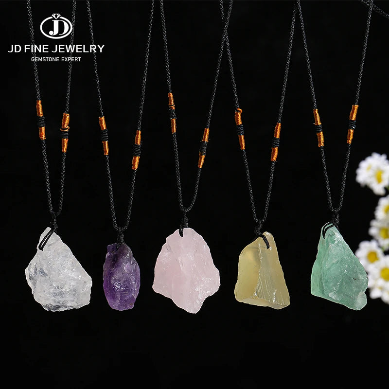 JD Natural Crystal Amethyst Raw Stone Pendant Clavicle Necklace Women Men Reiki Healing Adjustable Rope Chain Lucky Necklace