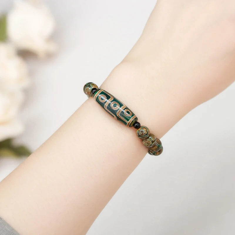 JD Natural Green Nine Eyes Tibetan Dzi Agate Barrel Beads Bracelet Women Men Retro Healing Buddha Prayer Charm Yoga Jewelry Gift