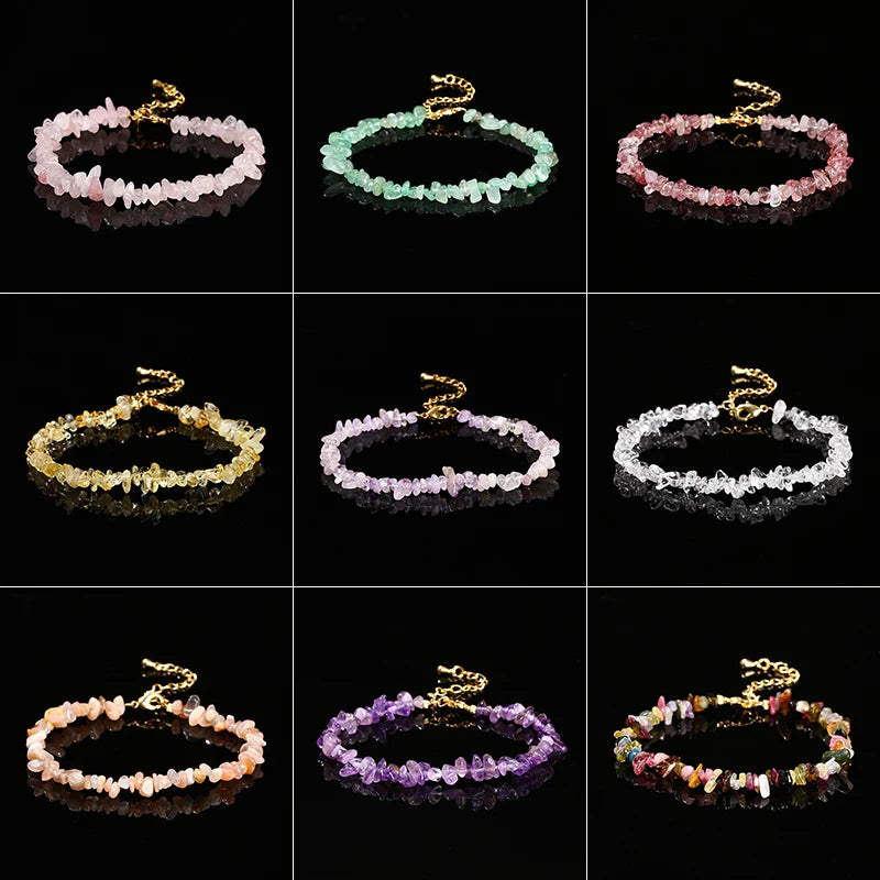 JD Natural Stone Tourmaline Amethyst Rock Quartz Crystal Stone Chip Bead Bracelet Women Healing Chakra Adjustable Chain Jewelry