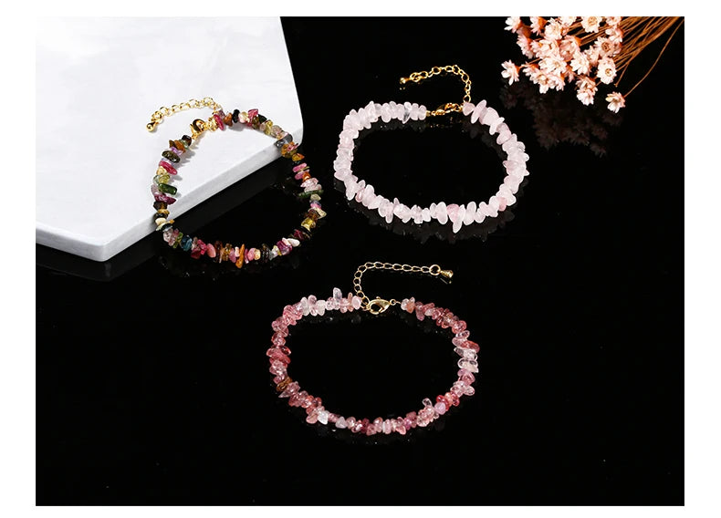JD Natural Stone Tourmaline Amethyst Rock Quartz Crystal Stone Chip Bead Bracelet Women Healing Chakra Adjustable Chain Jewelry