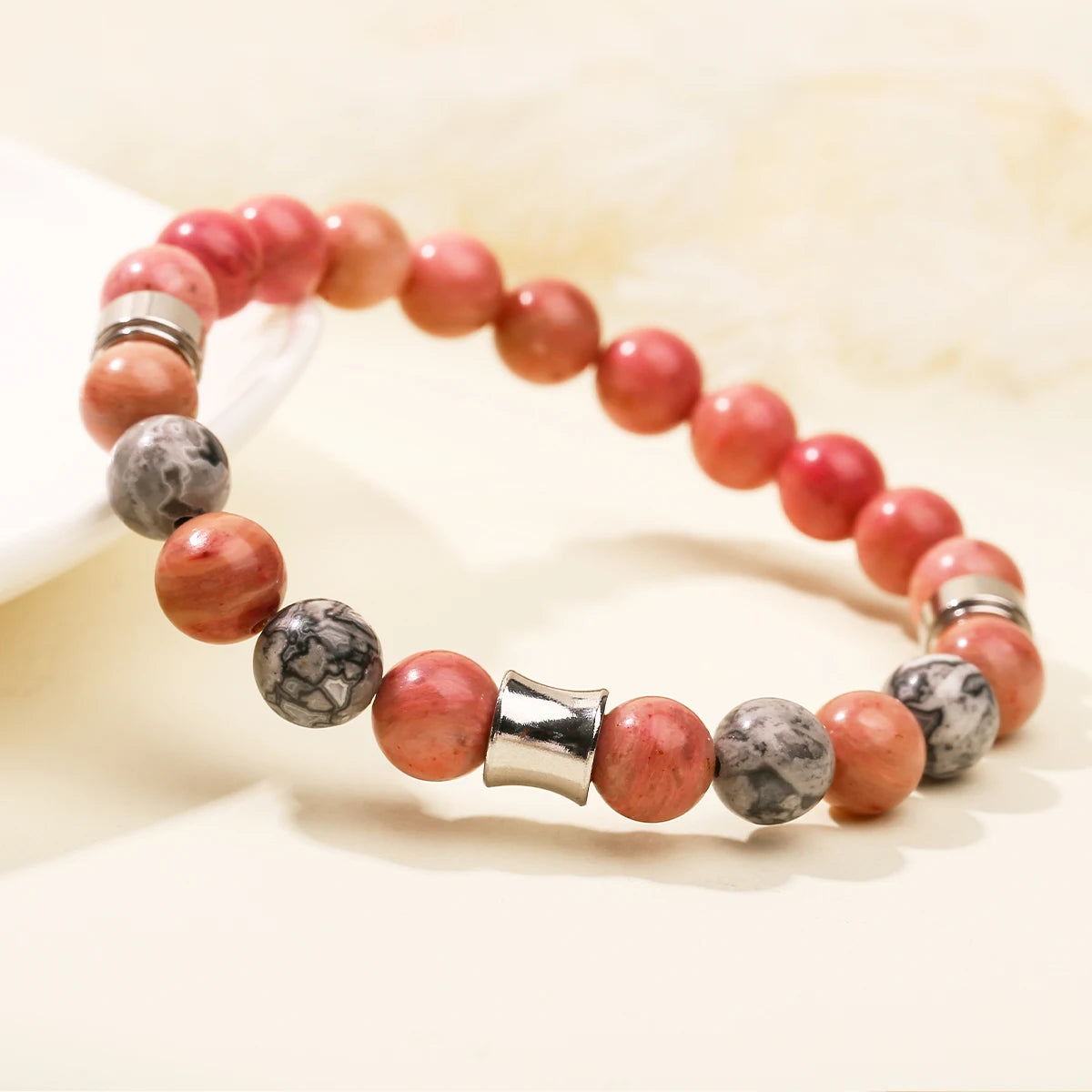 JD Natural Rhodonite Map Stone Mixed Stainless Steel Bracelets Women Men Simple Vintage Handmade Stretch Bangles Yoga Jewelry