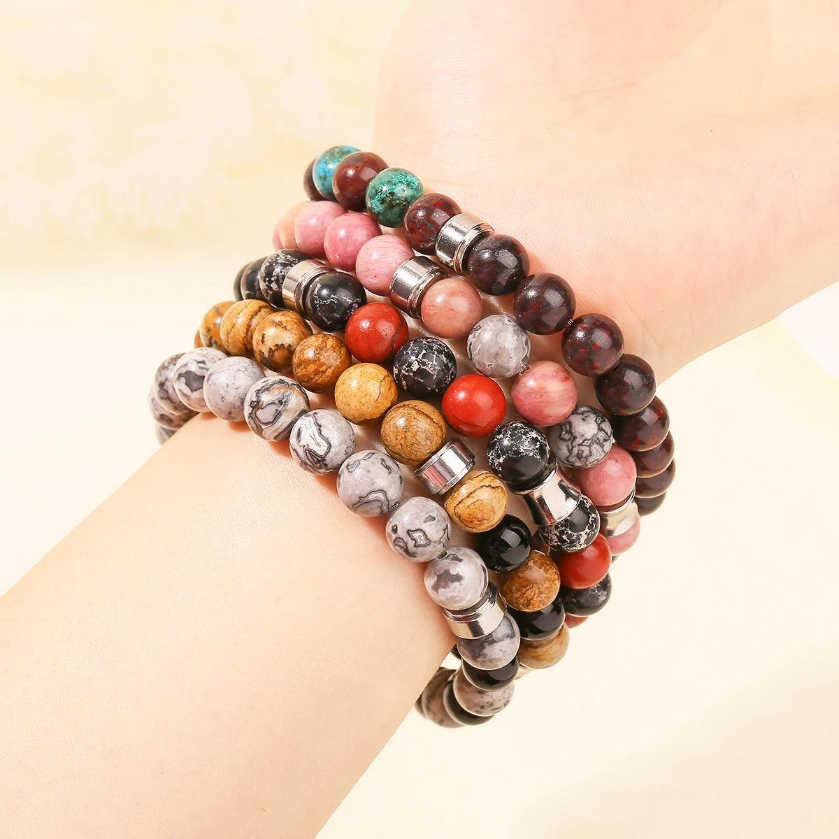 JD Natural Rhodonite Map Stone Mixed Stainless Steel Bracelets Women Men Simple Vintage Handmade Stretch Bangles Yoga Jewelry