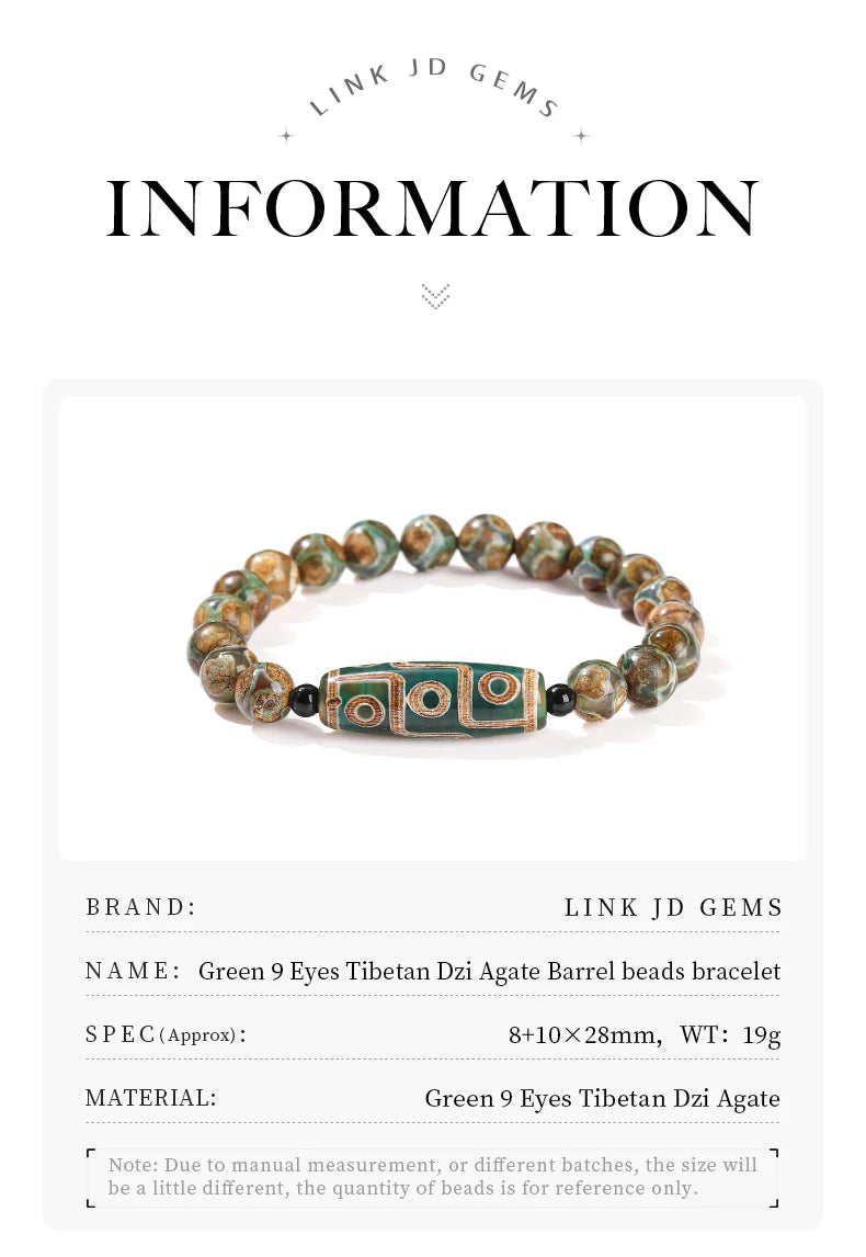 JD Natural Green Nine Eyes Tibetan Dzi Agate Barrel Beads Bracelet Women Men Retro Healing Buddha Prayer Charm Yoga Jewelry Gift