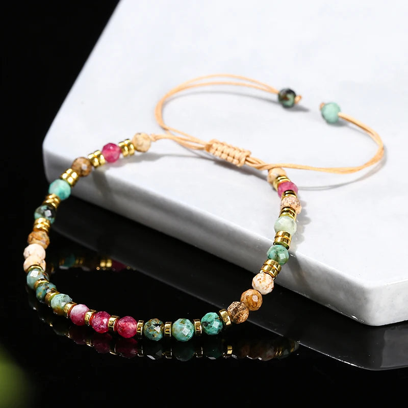 JD Natural Stone Faceted Africa Turquoises Colored Chalcedony Braided Bracelet Women Bohe Handmade Rope Adjustable Jewelry Gift
