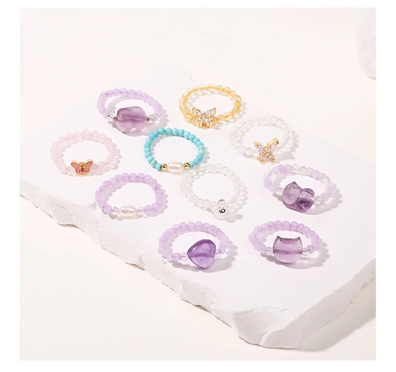 JD Natural Crystal Rings for Women Fashion Simple Sweet Small Beads Tourmaline Amethyst Turquoise Adjustable Reiki Healing Rings