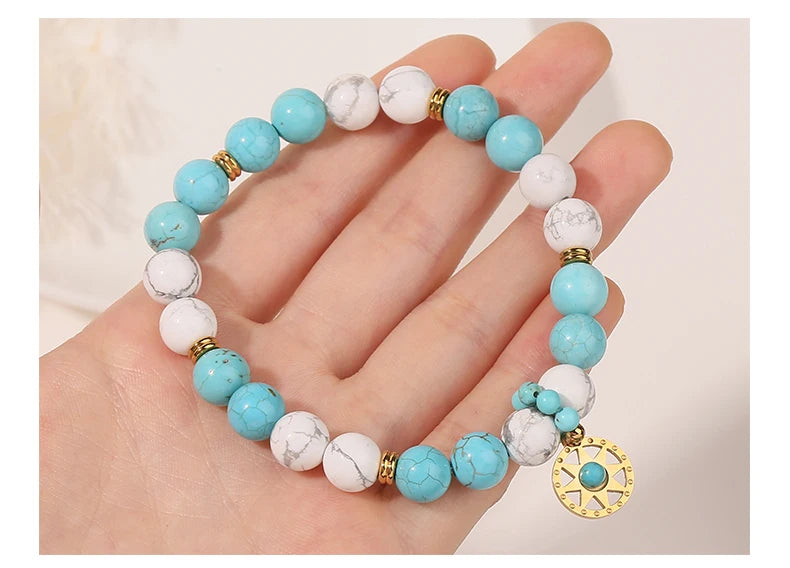 JD Natural Stone Blue Turquoise Strand Stainless Steel Sun Pendant Bracelets Women Fashion Bohemian Healing Energy Jewelry Gift
