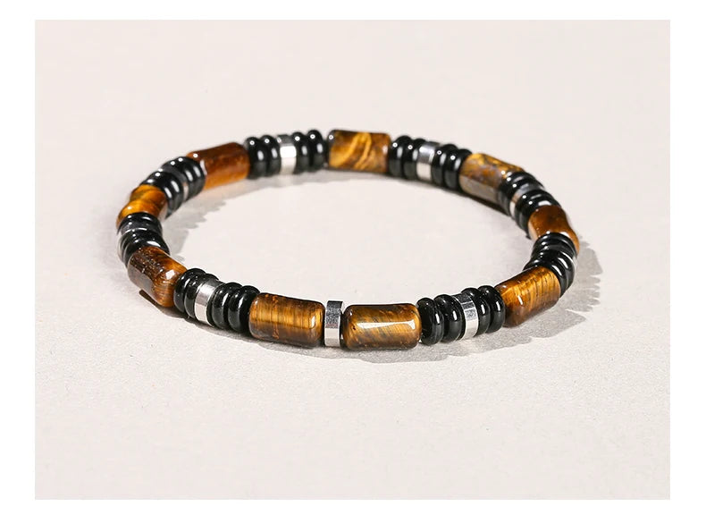 JD Natural Yellow Tiger Eye Stone Tube Shape Bracelets for Women Men Classic Stainless Steel Elastic Bangles Yoga Energy Gifts