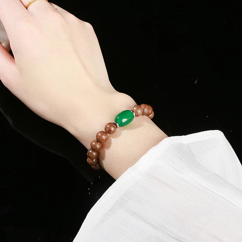 JD Natural Wooden Bracelets Golden Silk Sandalwood Green Agate Barrel Bead Buddha Bracelet Women Vintage Yoga Meditation Jewelry