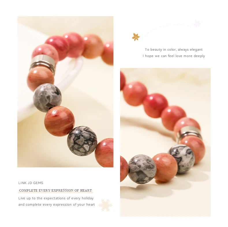 JD Natural Rhodonite Map Stone Mixed Stainless Steel Bracelets Women Men Simple Vintage Handmade Stretch Bangles Yoga Jewelry