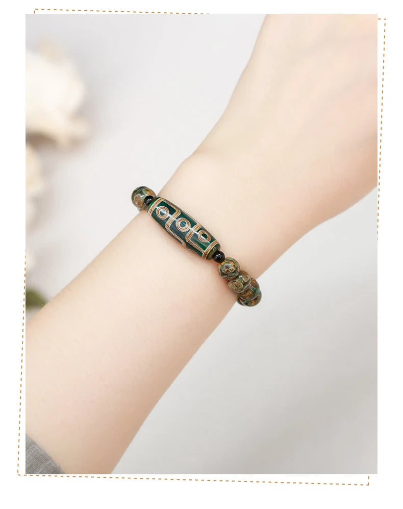JD Natural Green Nine Eyes Tibetan Dzi Agate Barrel Beads Bracelet Women Men Retro Healing Buddha Prayer Charm Yoga Jewelry Gift