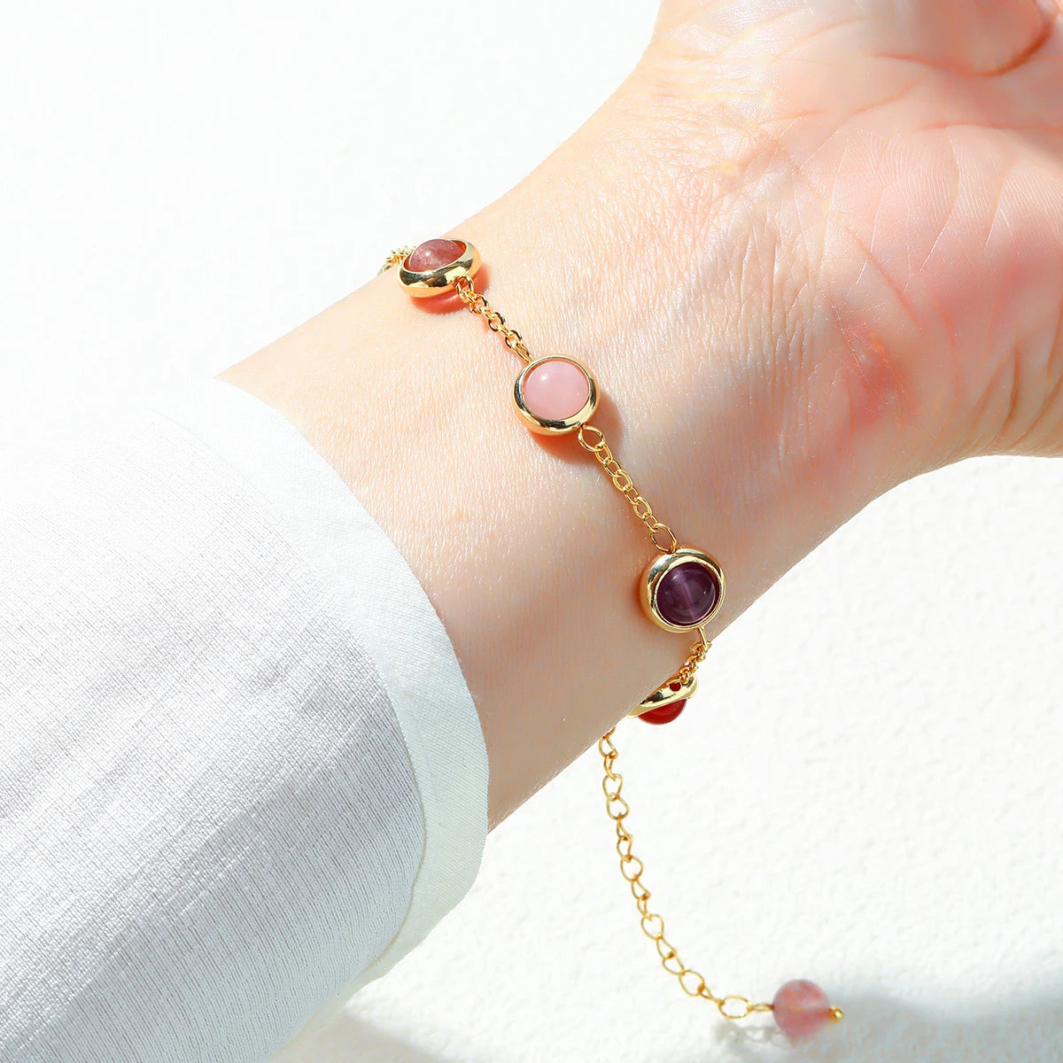 JD Natural Stone Colorful Crystal Lucky Bead Chain Bracelets Women Fashion Simple Adjustable Stainless Steel Healing Jewelry