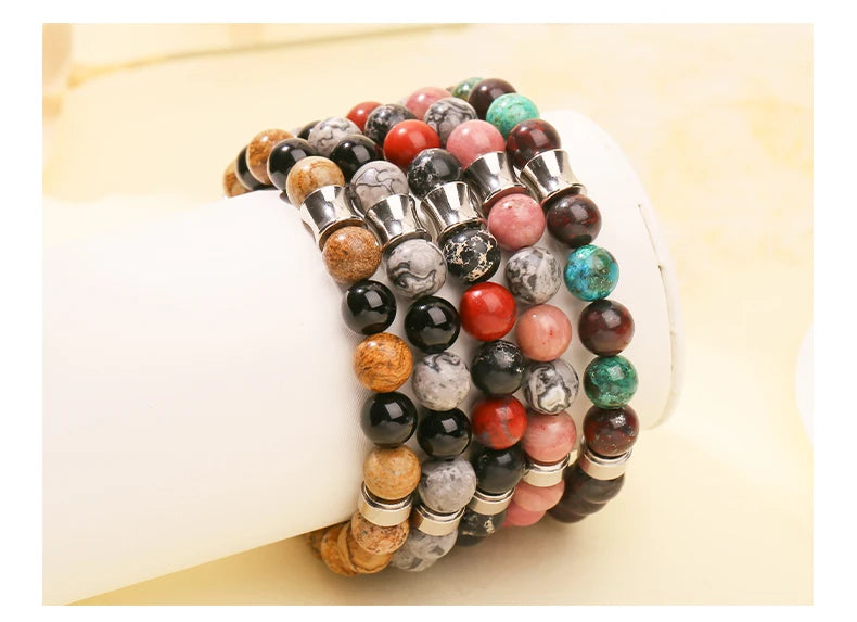JD Natural Rhodonite Map Stone Mixed Stainless Steel Bracelets Women Men Simple Vintage Handmade Stretch Bangles Yoga Jewelry