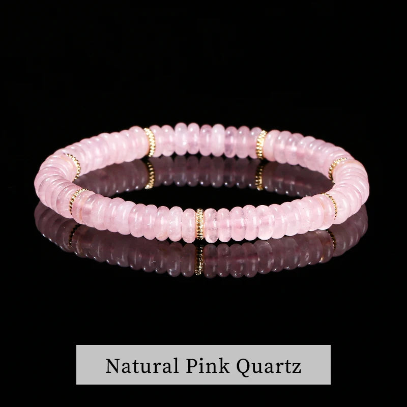 JD Natural Stone Green Aventurine Pink Quartz Flat Spacer Beads Bracelet Women Men Bohe Elastic Bangles Healing Friendship Gift