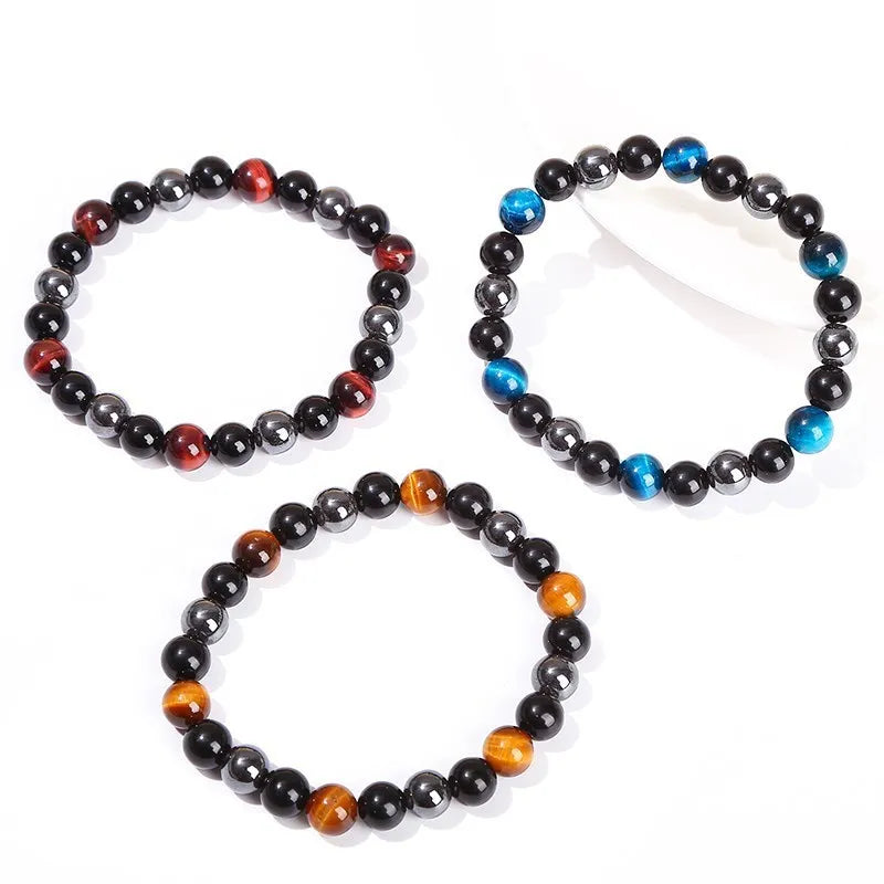 JD Natural Black Obsidian Stone Hematite Tiger Eye Bead Bracelet Women Men Triple Protection Health Care Weight Loss Jewelry