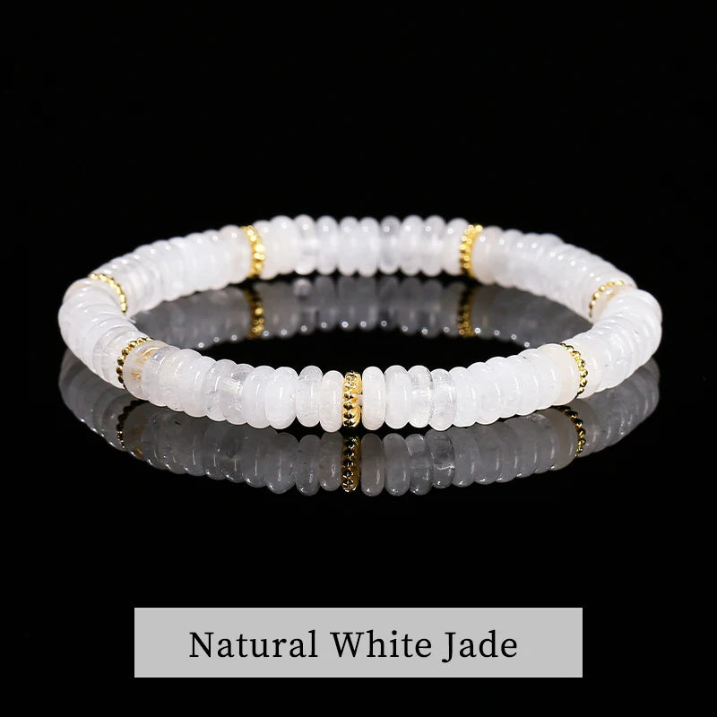 JD Natural Stone Green Aventurine Pink Quartz Flat Spacer Beads Bracelet Women Men Bohe Elastic Bangles Healing Friendship Gift
