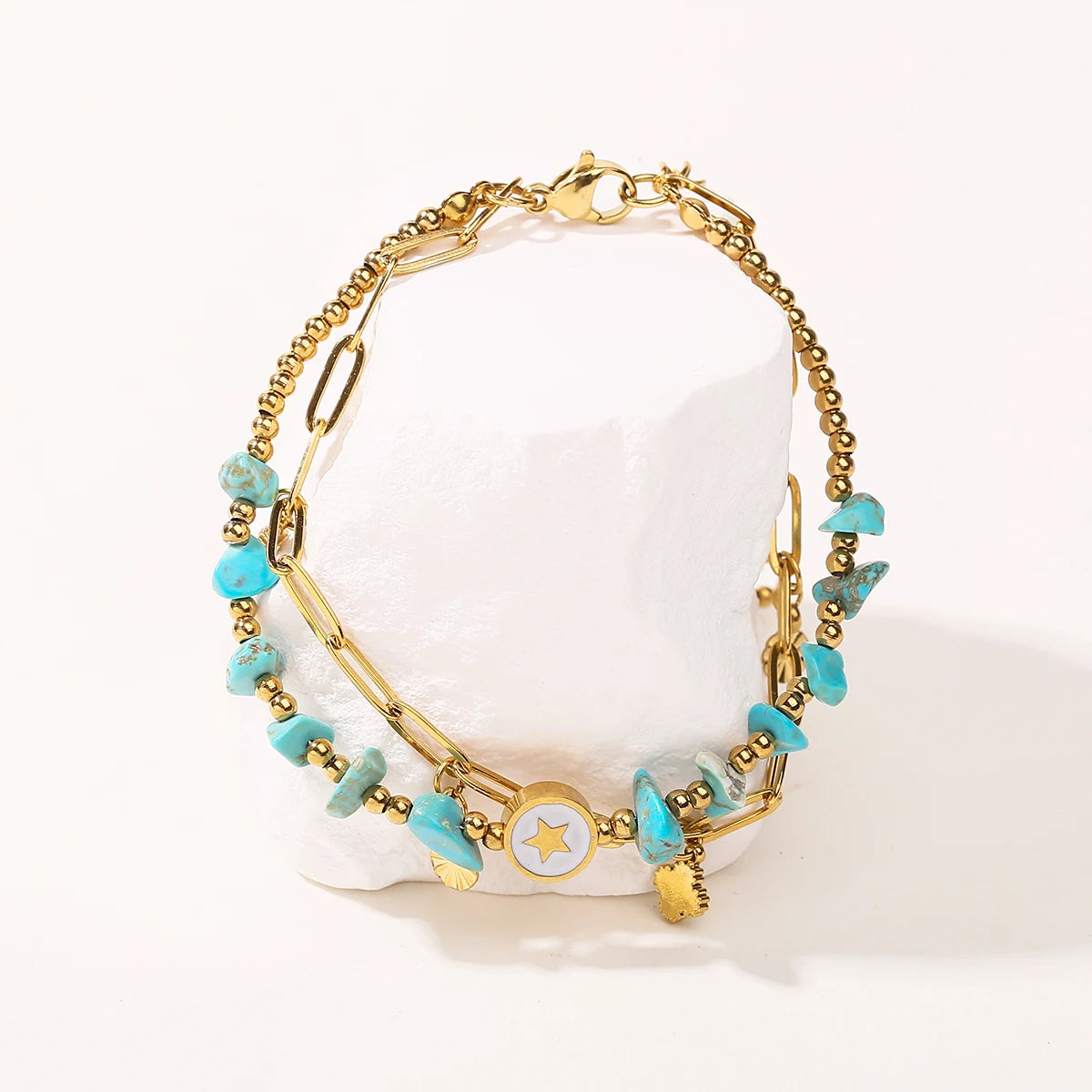 JD Natural Blue Turquoise Gravel Stone Double Layer Zircon Bracelets Women Bohemian Stainless Steel Reiki Healing Friend Gift
