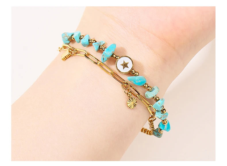 JD Natural Blue Turquoise Gravel Stone Double Layer Zircon Bracelets Women Bohemian Stainless Steel Reiki Healing Friend Gift