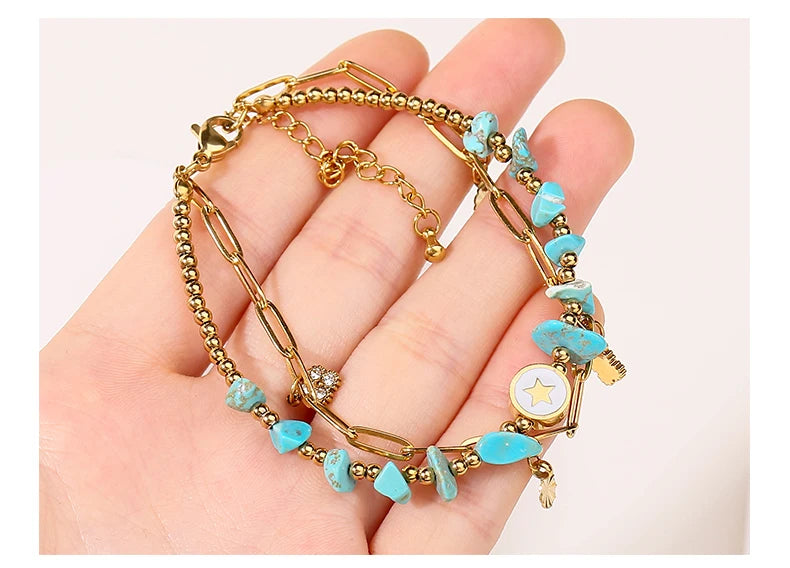 JD Natural Blue Turquoise Gravel Stone Double Layer Zircon Bracelets Women Bohemian Stainless Steel Reiki Healing Friend Gift