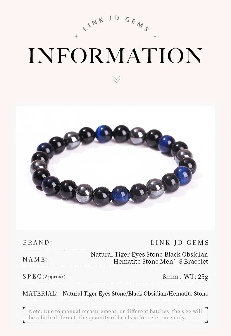 JD Natural Black Obsidian Stone Hematite Tiger Eye Bead Bracelet Women Men Triple Protection Health Care Weight Loss Jewelry