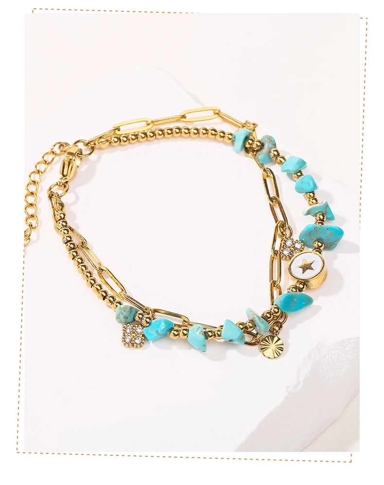 JD Natural Blue Turquoise Gravel Stone Double Layer Zircon Bracelets Women Bohemian Stainless Steel Reiki Healing Friend Gift