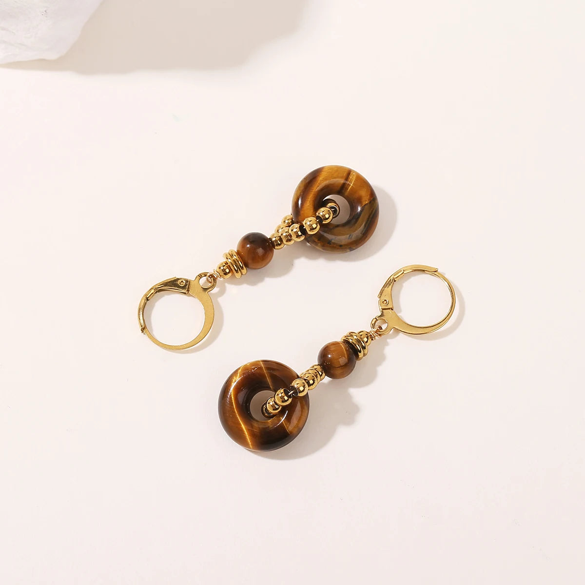 JD New Fashion Earrings Natural Tiger Eye Stone Hoop Earring for Women Charm Lucky Energy Stone Handmade Stainless Steel Jewelry