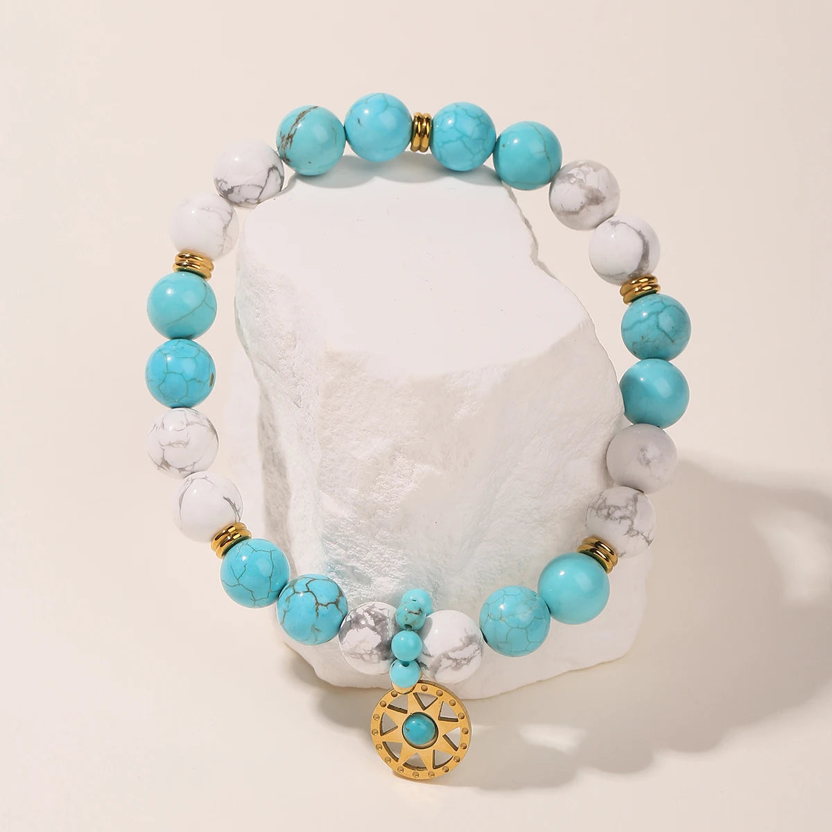 JD Natural Stone Blue Turquoise Strand Stainless Steel Sun Pendant Bracelets Women Fashion Bohemian Healing Energy Jewelry Gift