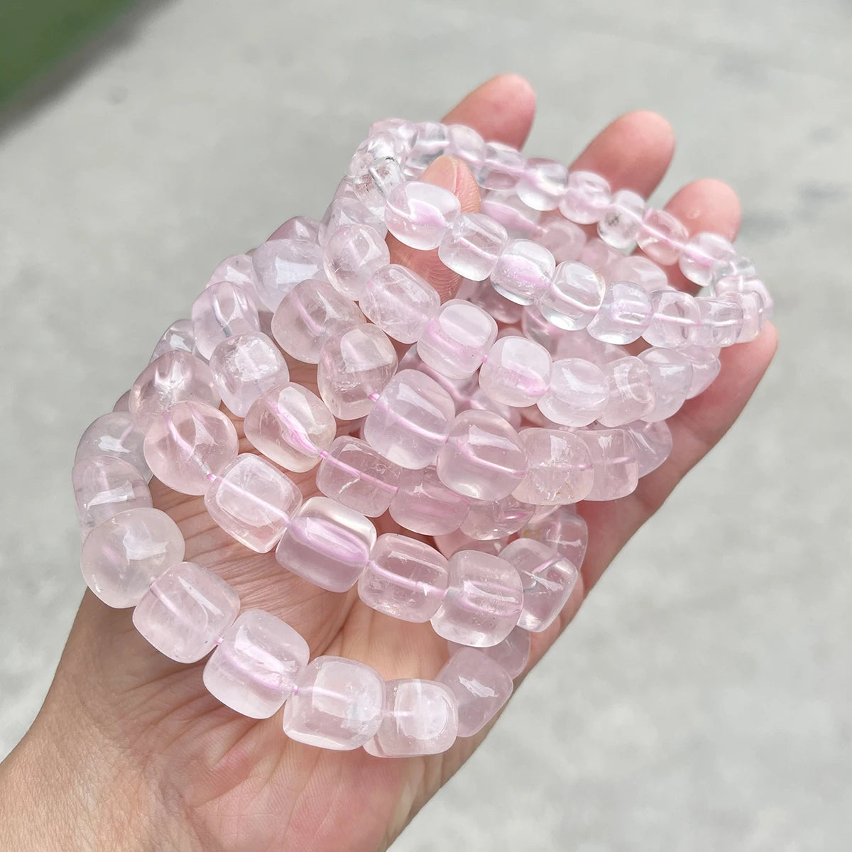 JD Natural Pink Quartz Polished Square Bead Strand Bracelets Women Charm Reiki Healing Strand Bangles Couple Party Jewelry Gift