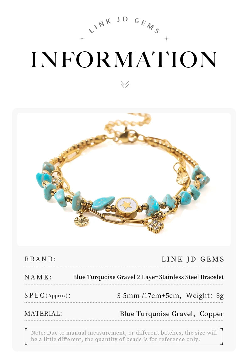 JD Natural Blue Turquoise Gravel Stone Double Layer Zircon Bracelets Women Bohemian Stainless Steel Reiki Healing Friend Gift